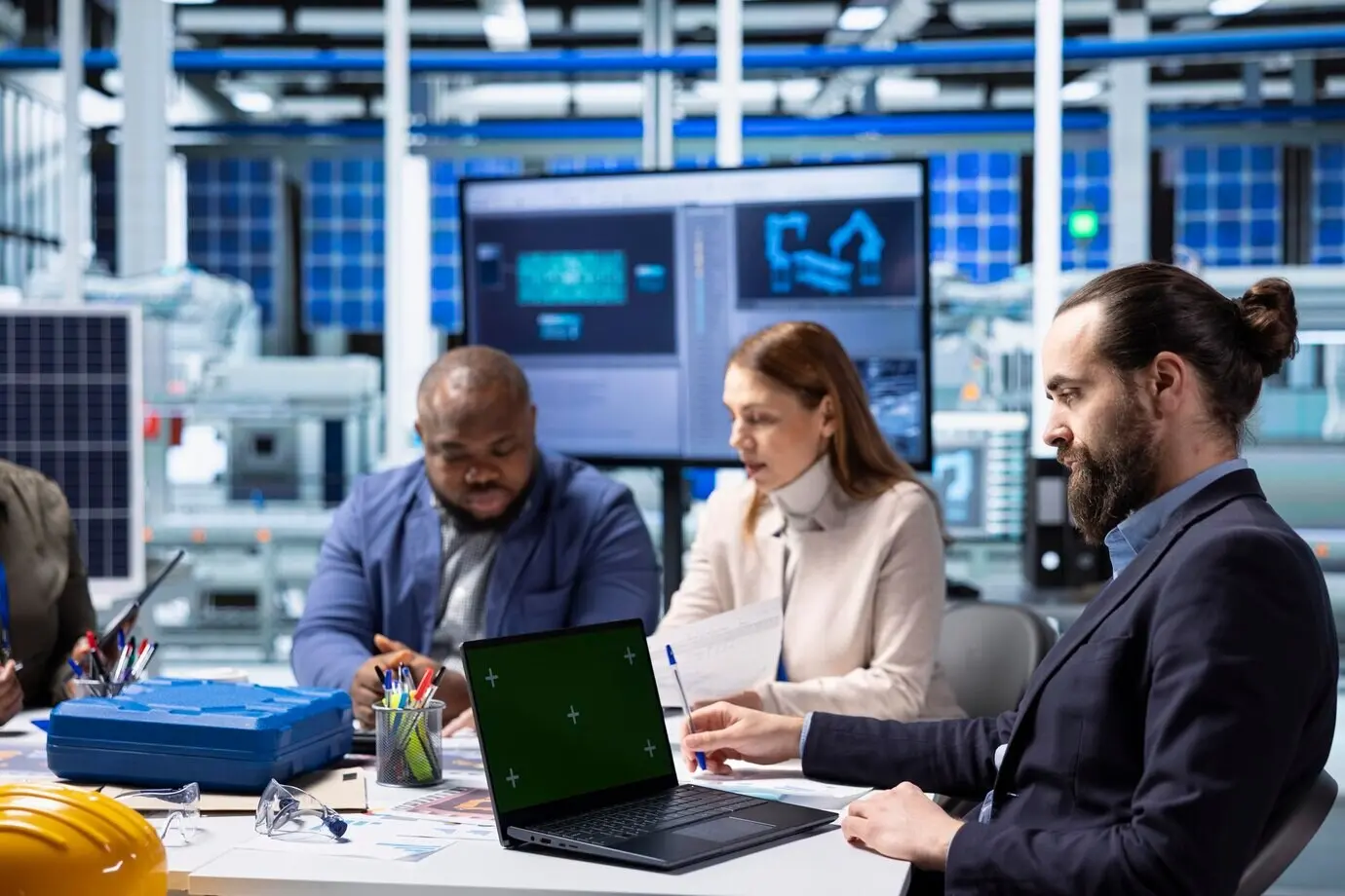 Исследователи на заводе изучают метрики состояния системы с макетом ноутбука.